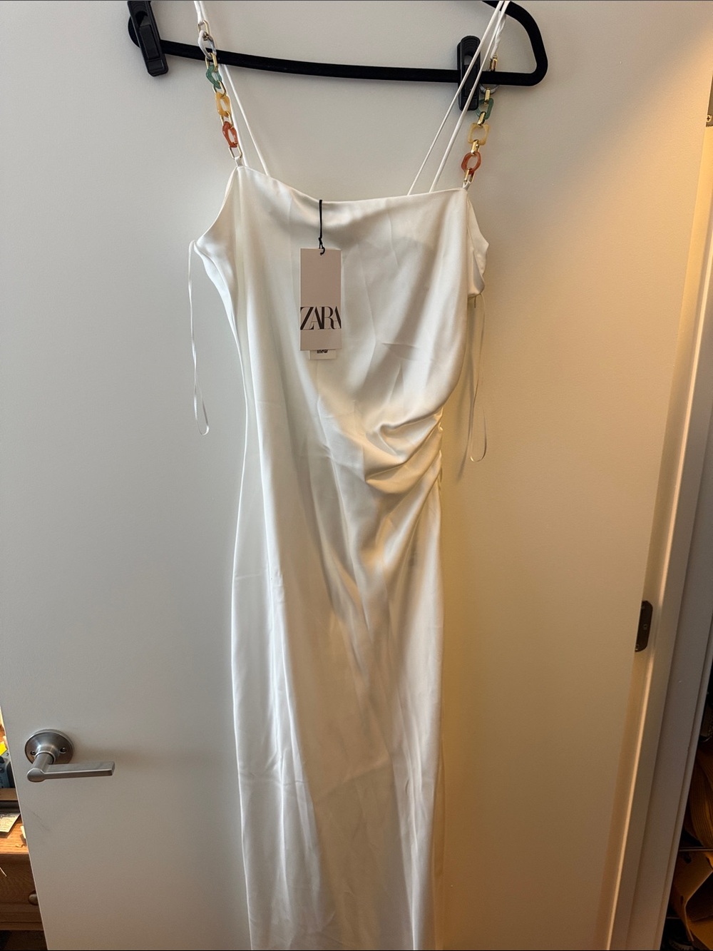ZARA White Satin Maxi Dress with Chain-Link Straps